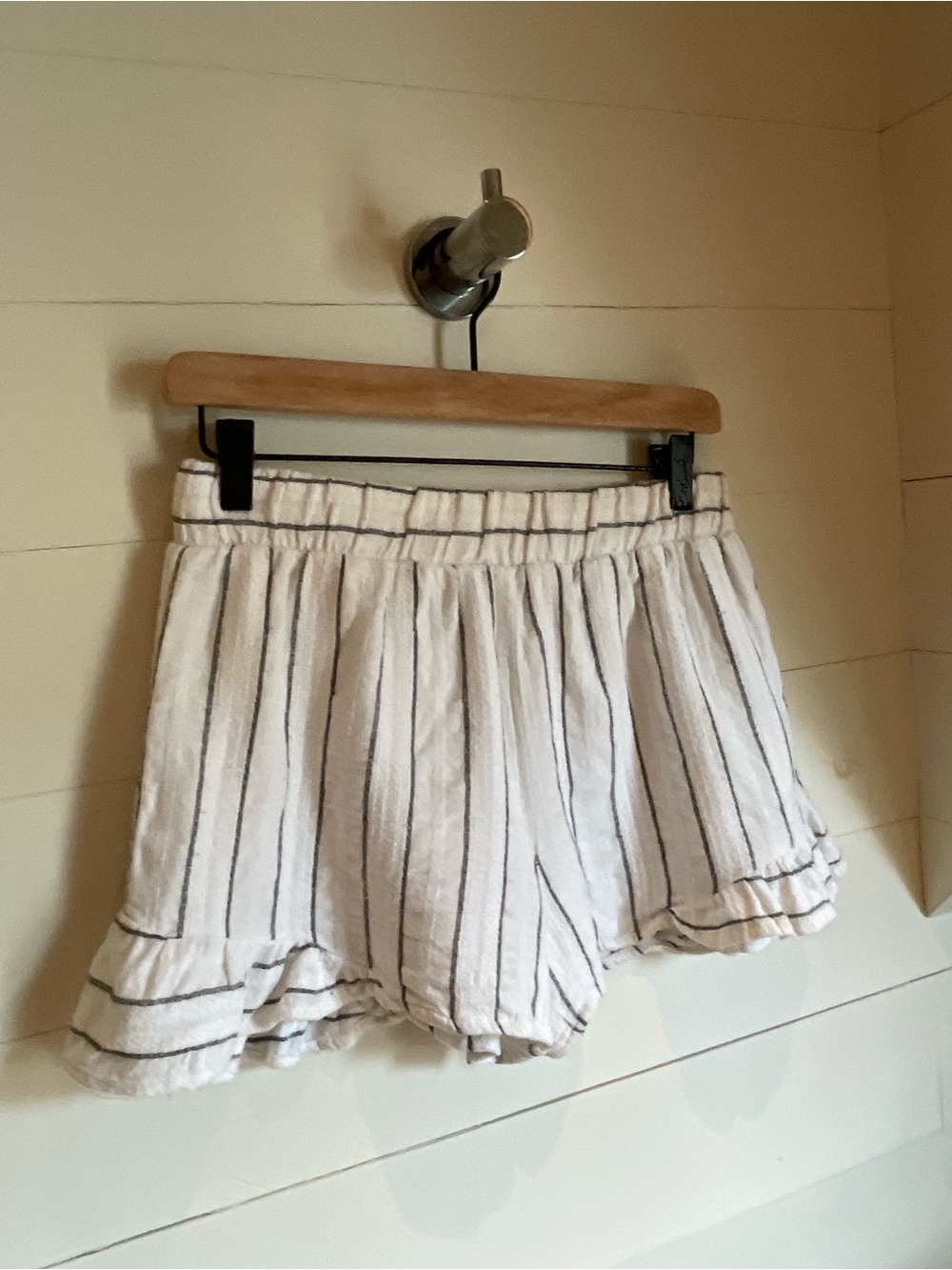 Maven West White Linen-Blend Striped Ruffle Hem Shorts
